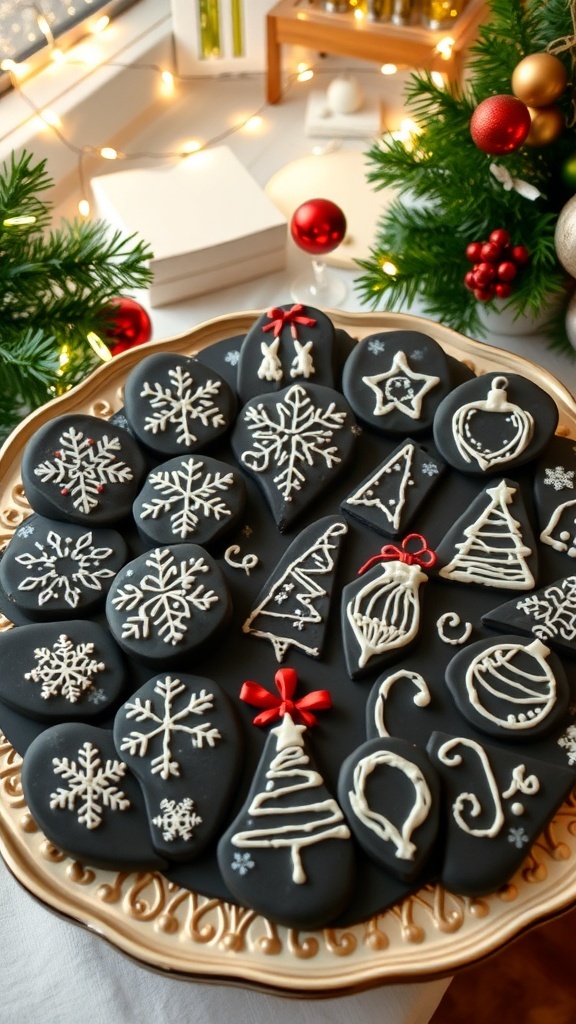 A platter of Christmas-themed chalkboard doodles with festive designs, surrounded by holiday decorations.